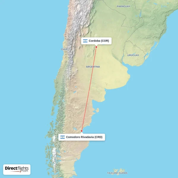 Comodoro Rivadavia - Cordoba direct flight map