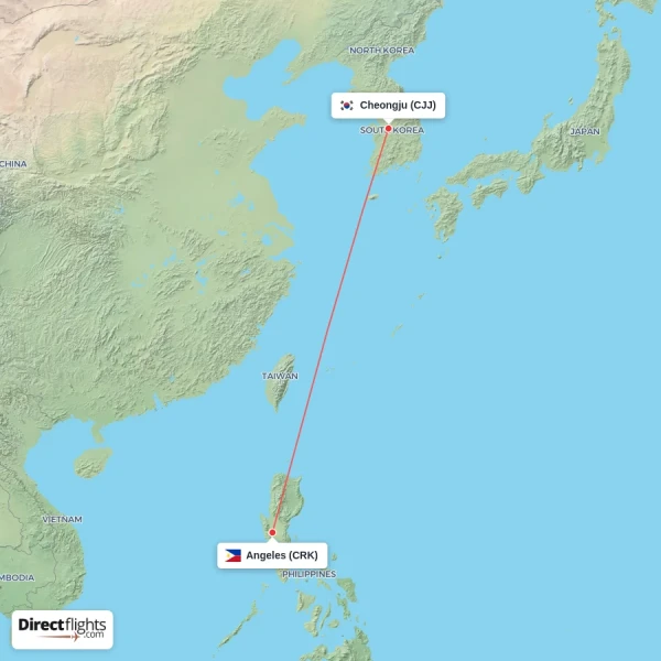 Angeles - Cheongju direct flight map