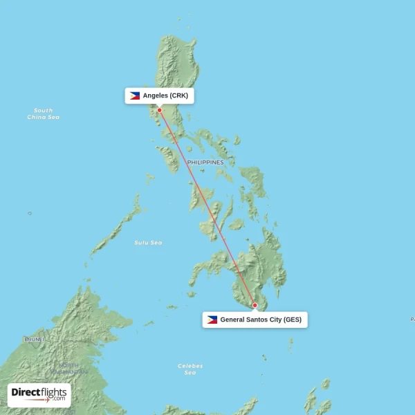 Angeles - General Santos City direct flight map