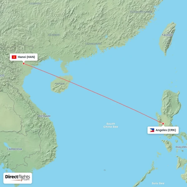 Angeles - Hanoi direct flight map