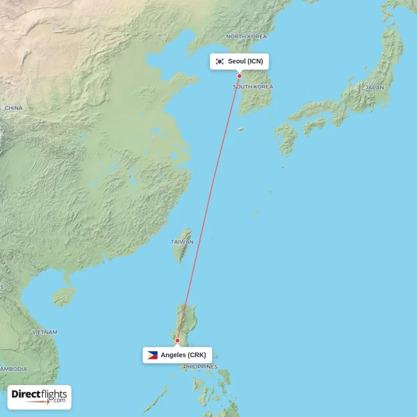 Angeles - Seoul direct flight map
