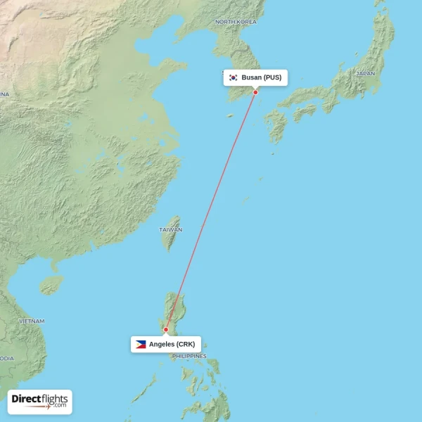 Angeles - Busan direct flight map