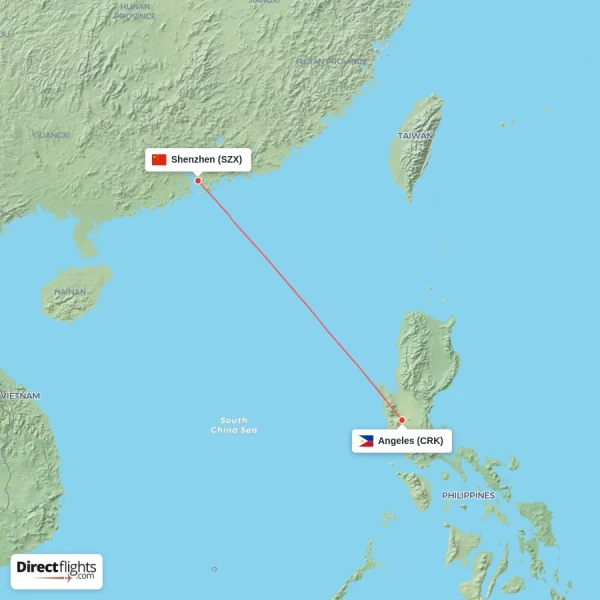 Angeles - Shenzhen direct flight map
