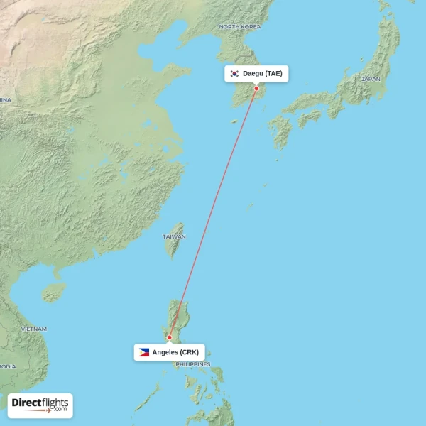 Angeles - Daegu direct flight map