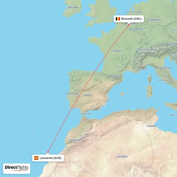 Brussels - Lanzarote direct flight map