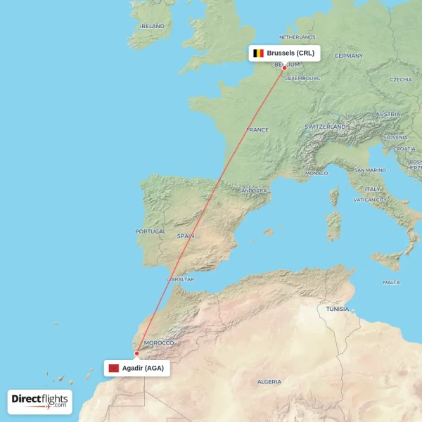 Brussels - Agadir direct flight map