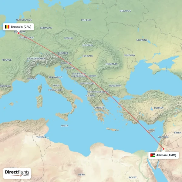 Brussels - Amman direct flight map