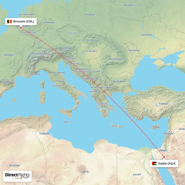 Brussels - Aqaba direct flight map