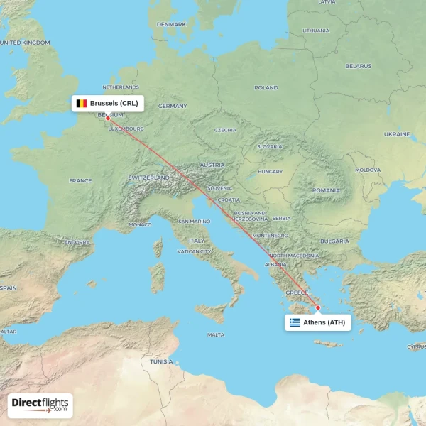 Brussels - Athens direct flight map