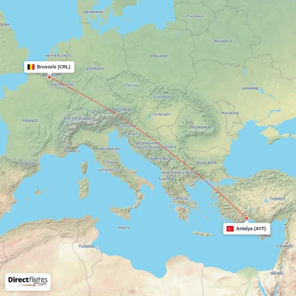 Brussels - Antalya direct flight map