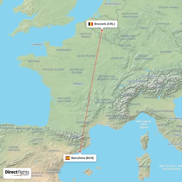 Brussels - Barcelona direct flight map