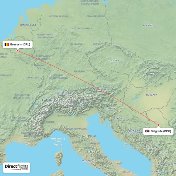 Brussels - Belgrade direct flight map