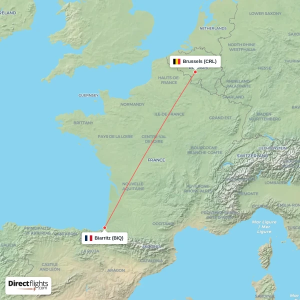 Brussels - Biarritz direct flight map