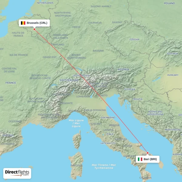 Brussels - Bari direct flight map