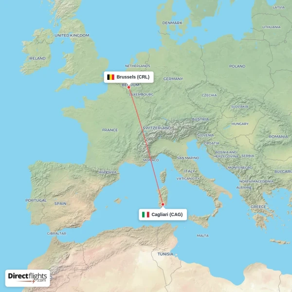 Brussels - Cagliari direct flight map