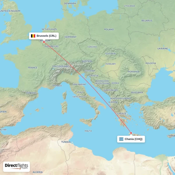Brussels - Chania direct flight map