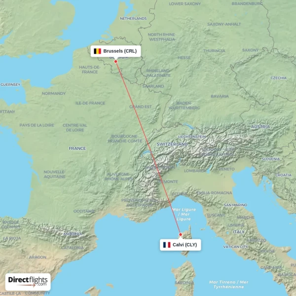 Brussels - Calvi direct flight map