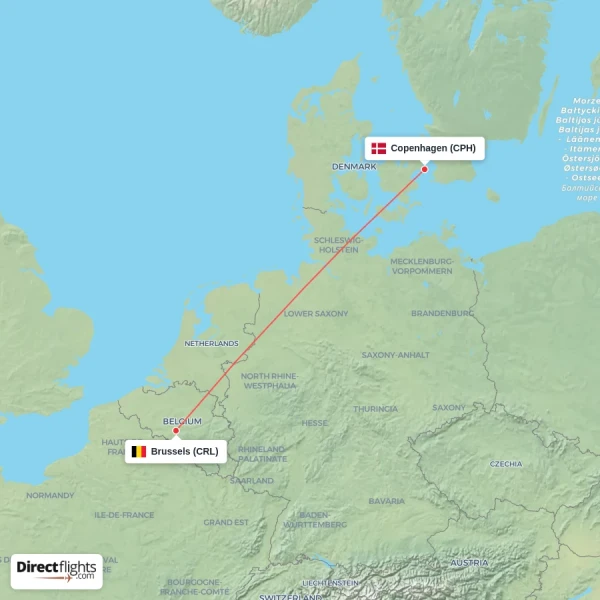 Brussels - Copenhagen direct flight map