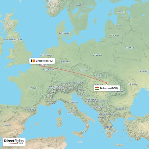 Brussels - Debrecen direct flight map
