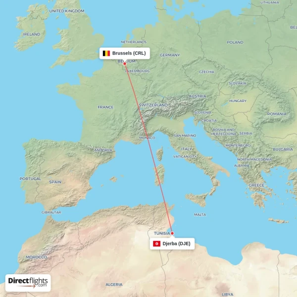 Brussels - Djerba direct flight map