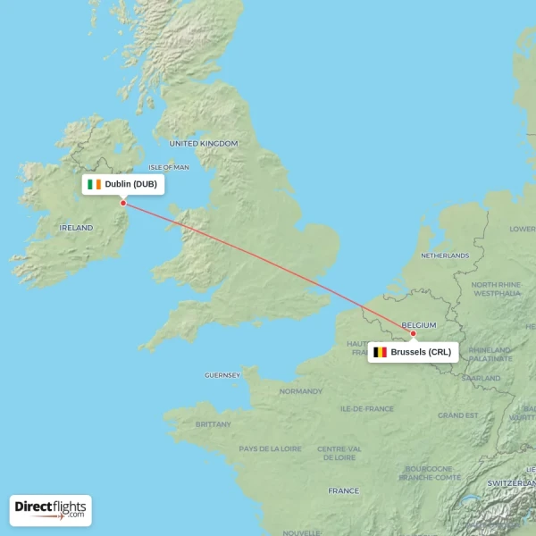 Brussels - Dublin direct flight map