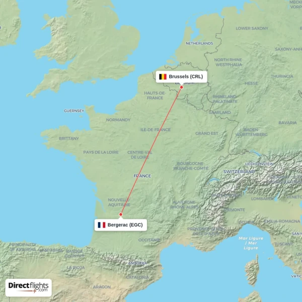 Brussels - Bergerac direct flight map