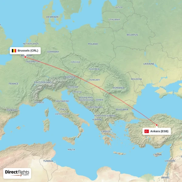 Brussels - Ankara direct flight map