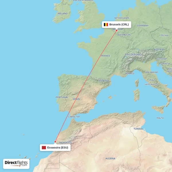 Brussels - Essaouira direct flight map