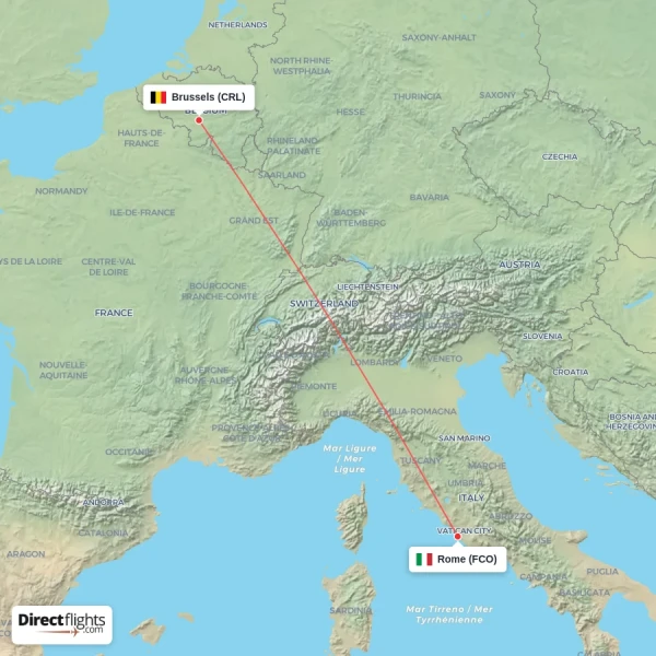 Brussels - Rome direct flight map