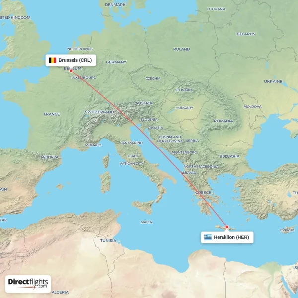 Brussels - Heraklion direct flight map