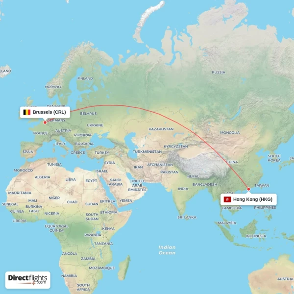 Brussels - Hong Kong direct flight map