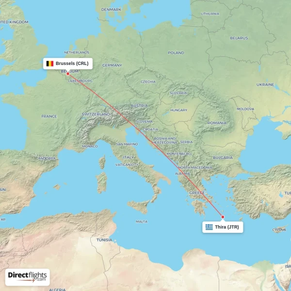Brussels - Thira direct flight map