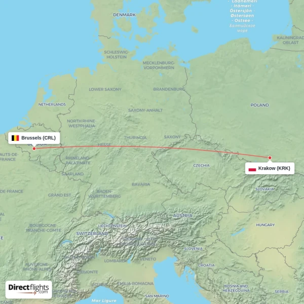 Brussels - Krakow direct flight map