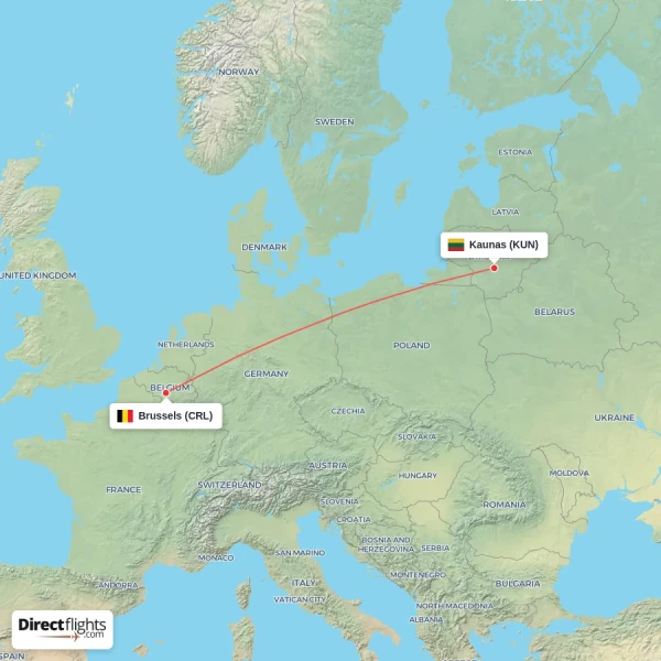 Brussels - Kaunas direct flight map