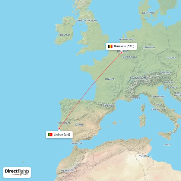 Brussels - Lisbon direct flight map