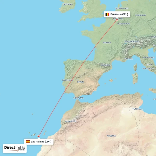 Brussels - Las Palmas direct flight map