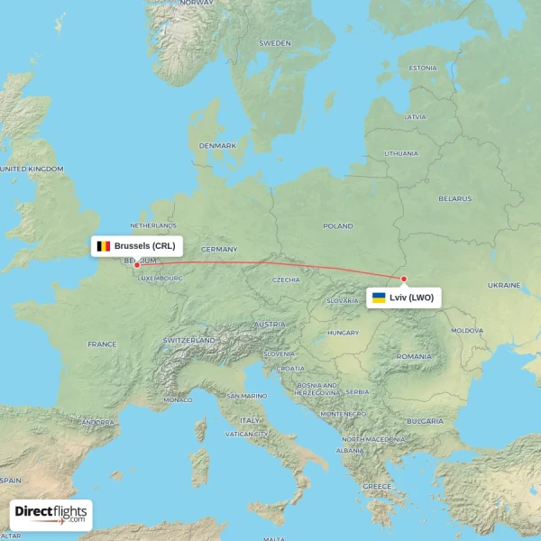 Brussels - Lviv direct flight map