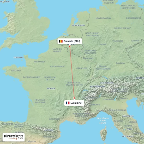 Brussels - Lyon direct flight map