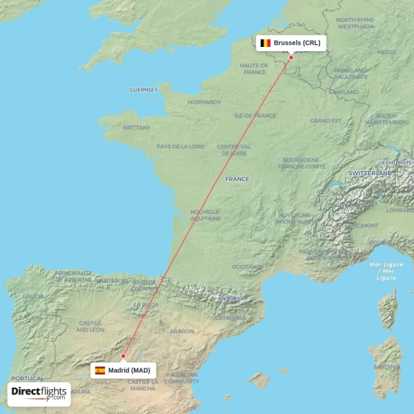 Brussels - Madrid direct flight map