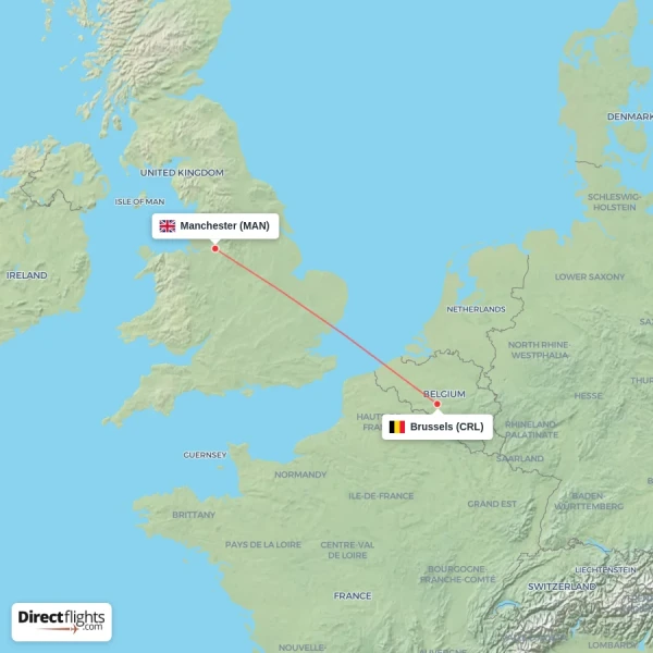 Brussels - Manchester direct flight map