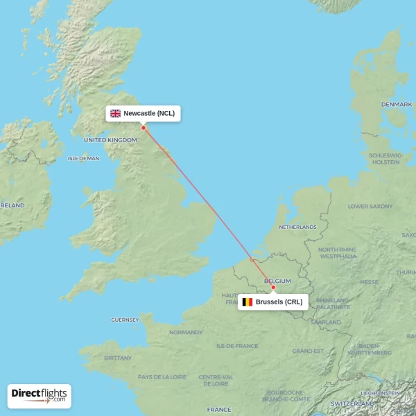 Brussels - Newcastle direct flight map