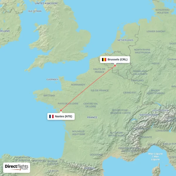 Brussels - Nantes direct flight map