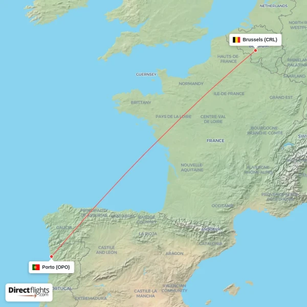 Brussels - Porto direct flight map