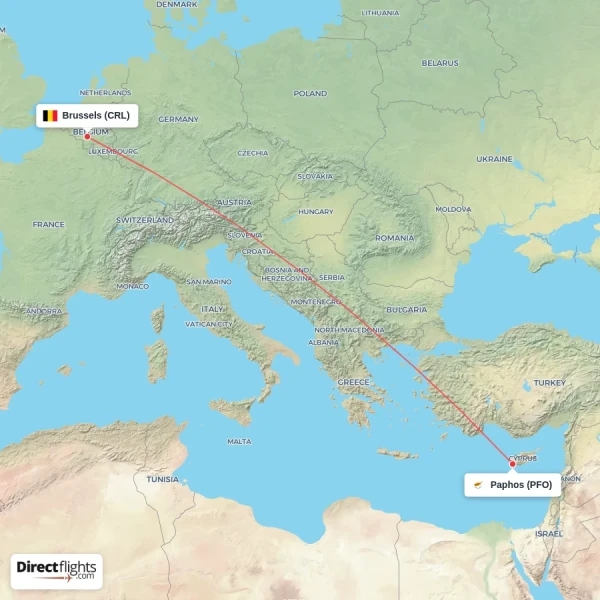 Brussels - Paphos direct flight map