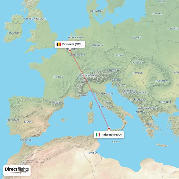 Brussels - Palermo direct flight map