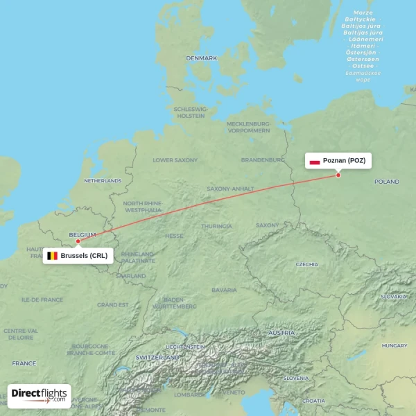 Brussels - Poznan direct flight map