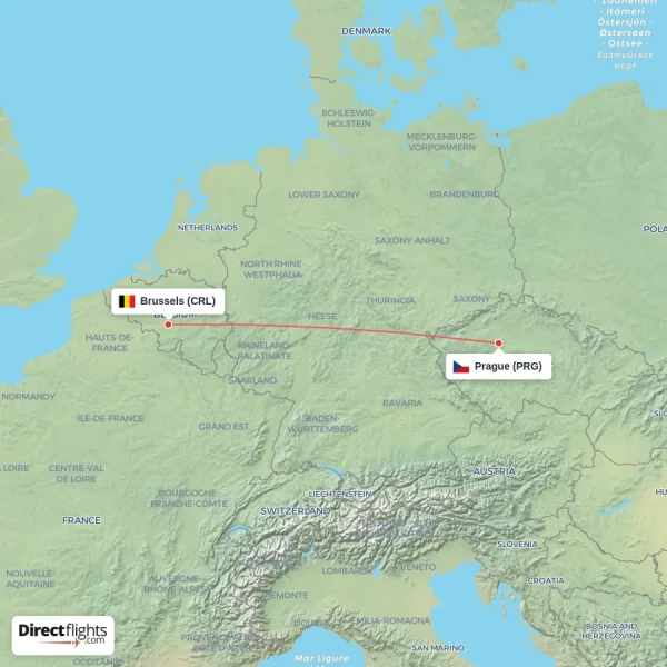 Brussels - Prague direct flight map