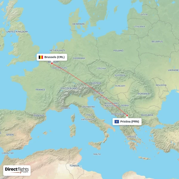 Brussels - Pristina direct flight map