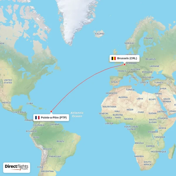 Brussels - Pointe-a-Pitre direct flight map