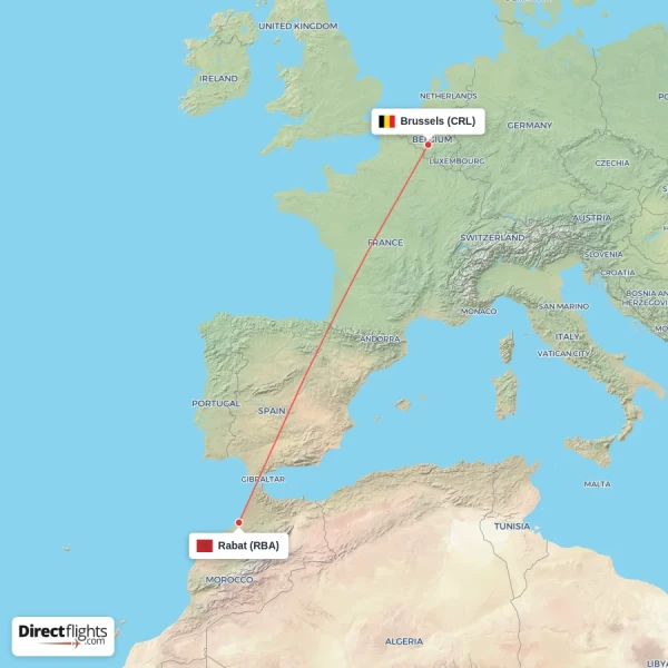 Brussels - Rabat direct flight map